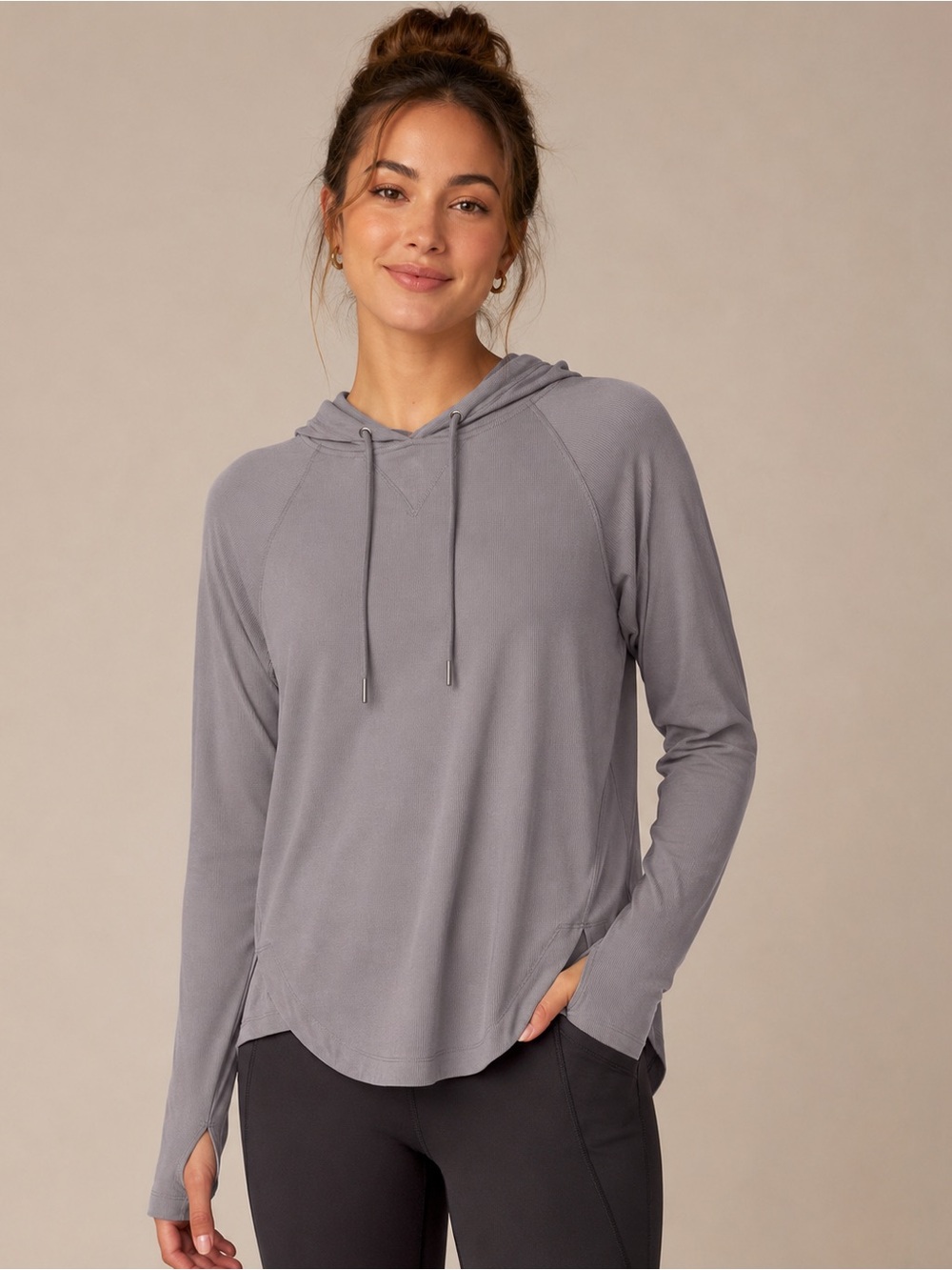 Sage Collective Ribbed Hooded Performance Pullover Top Gray Small